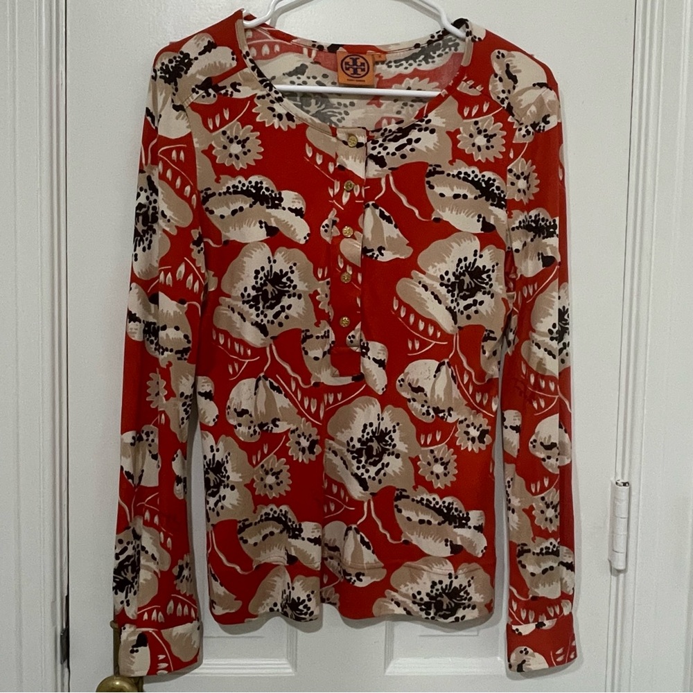 Tory Burch 100% Silk Floral Signature Blouse Women’s Medium Burnt Orange Top
